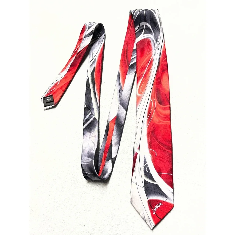 J. Garcia Blue Fan Silk Tie Men Red Silver Black Abstract Art Collectors Edition